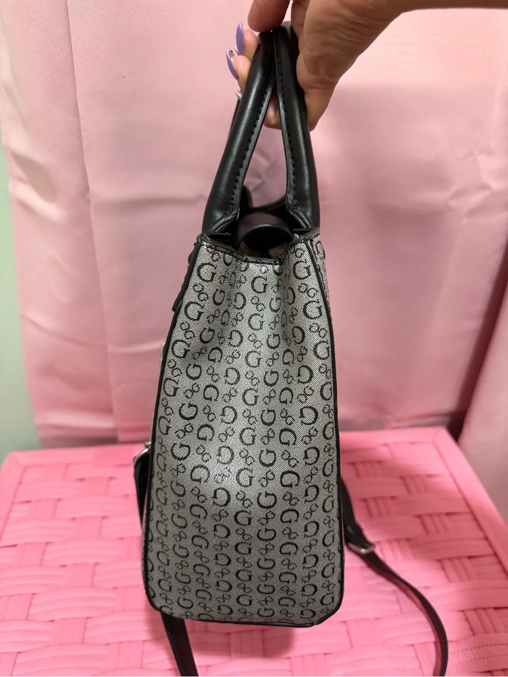 Guess Gray Monogram Satchel with Black Trim